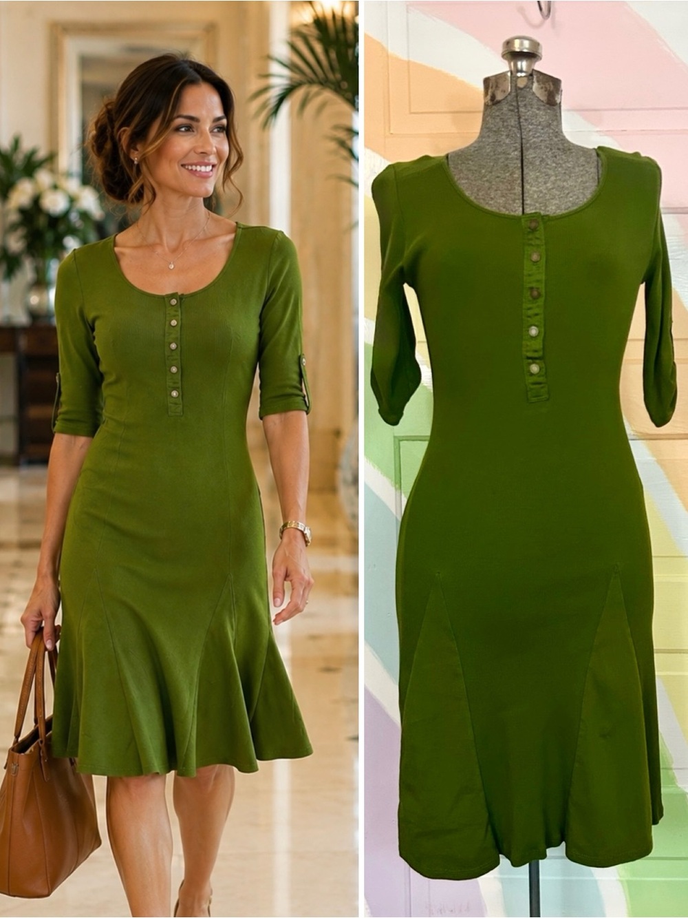 Lauren Ralph Lauren Green Henley Knit Dress Sz SP 3/4 Sleeve Fit & Flare👽
